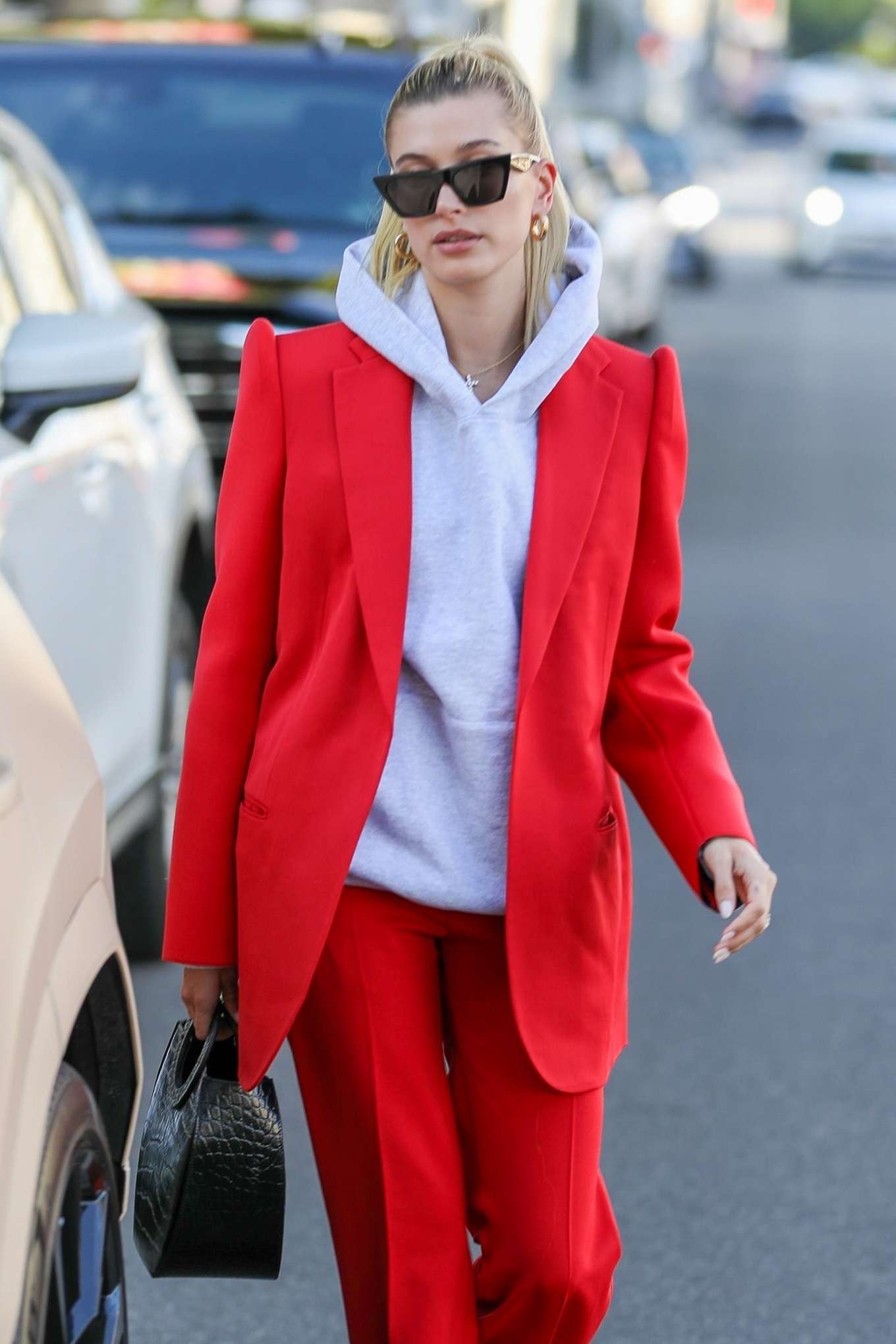 Hailey Bieber in Red Suit - Out in Beverly Hills-28 | GotCeleb