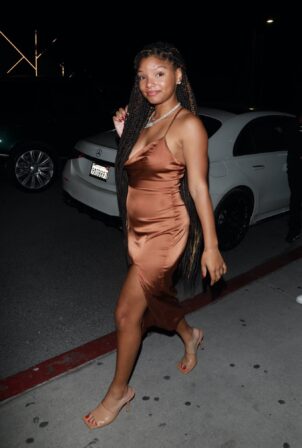 Halle Bailey - Leaving Catch Steak LA in a bronze dress in West Hollywood
