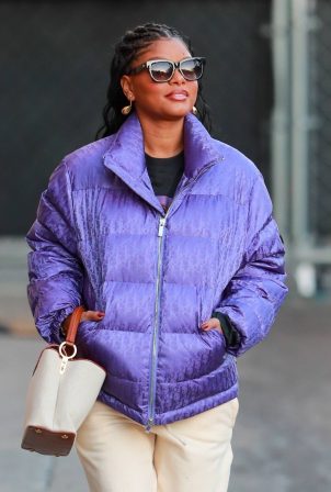 Halle Bailey - Seen in a purple puffer jacket as she arrives at Jimmy Kimmel Live in Hollywood