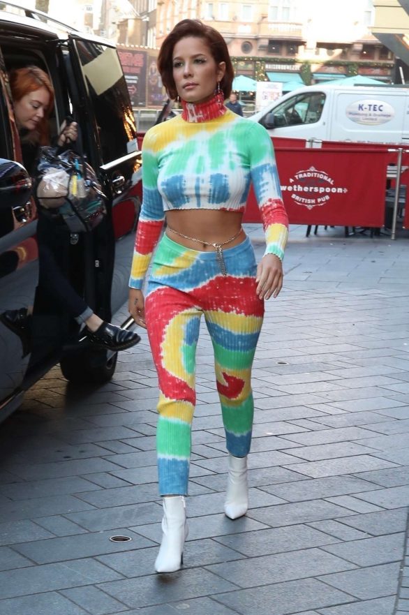Halsey in a colorful outfit arrives at Global radio in London