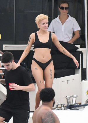Halsey in Black Bikini on a yacht in Miami