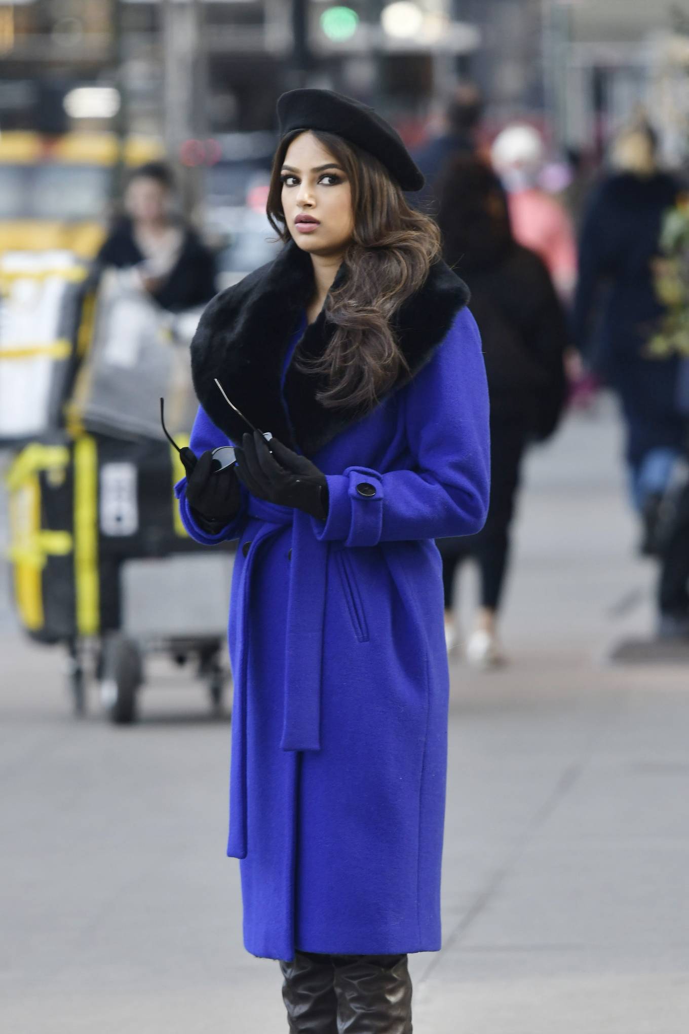 Harnaaz Sandhu 2022 : Harnaaz Sandhu – Wearing a fur accented purple coat on a press photo op in New York-05