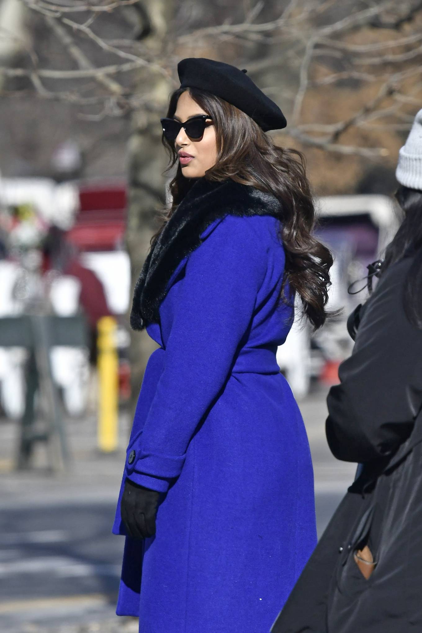 Harnaaz Sandhu 2022 : Harnaaz Sandhu – Wearing a fur accented purple coat on a press photo op in New York-13