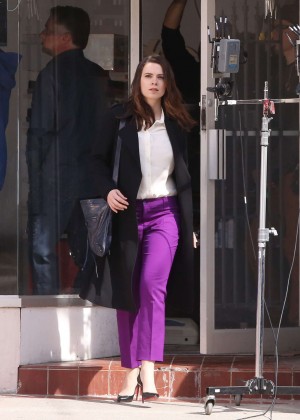 Hayley Atwell in Purple Pants on movie set in Toronto