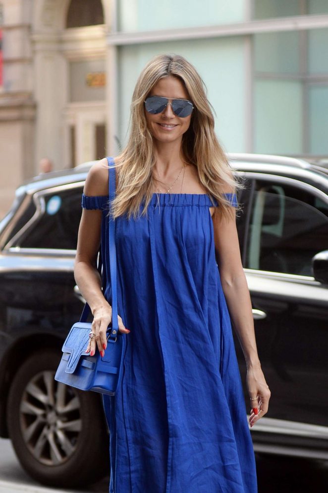 Heidi Klum in Blue Dress out in New York City