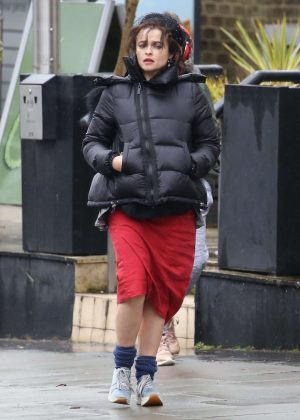 Helena Bonham Carter in Red Dress out in Hampstead
