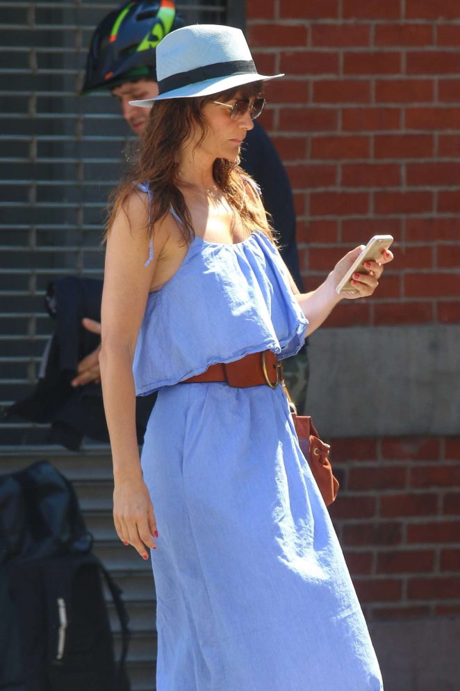 Helena Christensen in Blue Dress out in New York