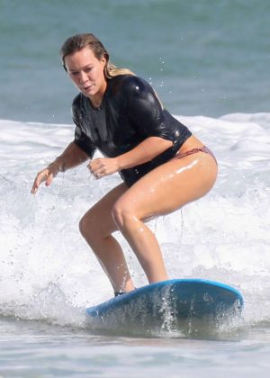 Hilary Duff in Bikini Bottoms Surfing in Hawaii