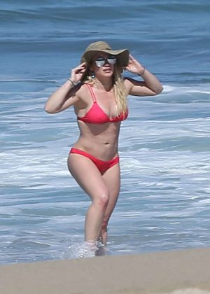 Hilary Duff in Red Bikini on the beach in Mexico.