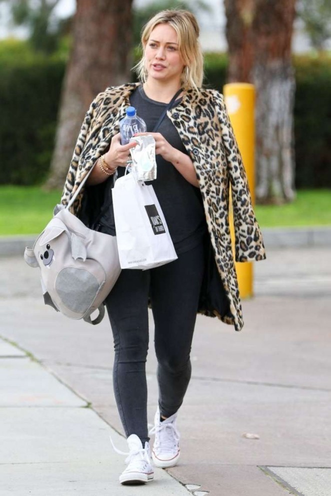 Hilary Duff in Leopard Print Coat out in West Hollywood