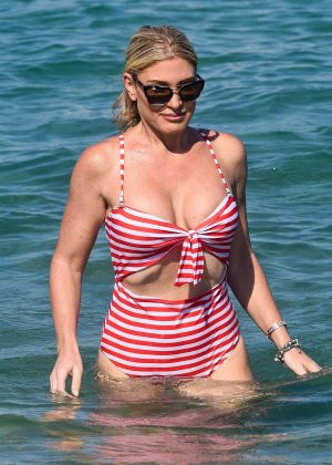Hofit Golan in Red and White Swimsuit at the beach in St Tropez