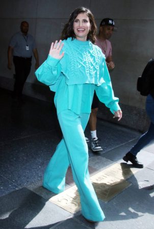 Idina Menzel - Is promoting her new album Drama Queen in cyan outfit in New York
