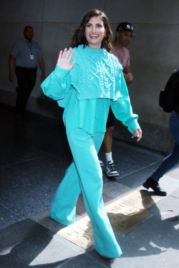 Idina Menzel - Is promoting her new album Drama Queen in cyan outfit in New York