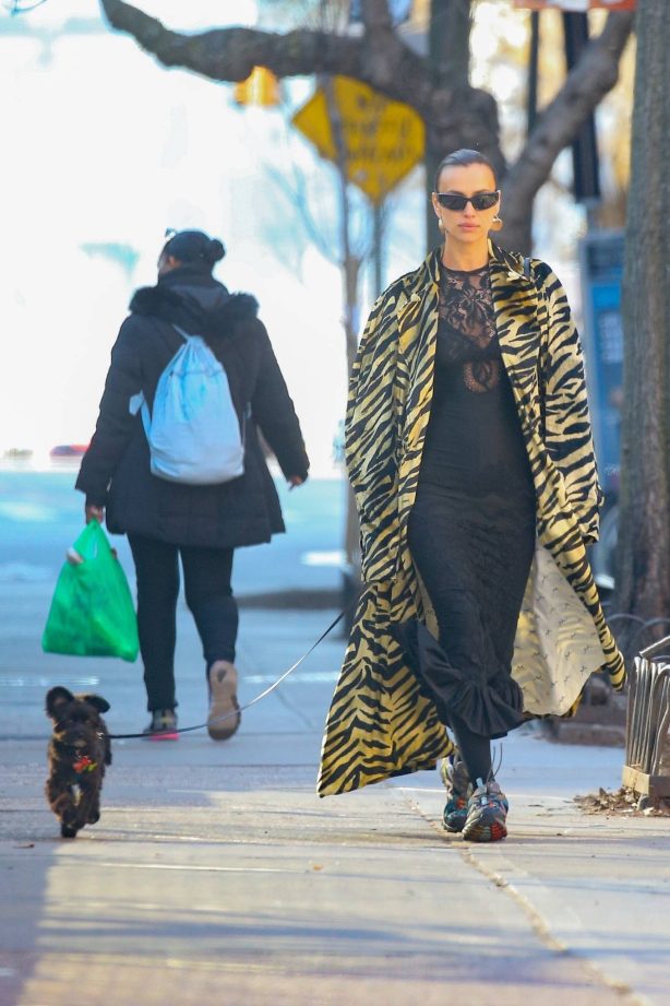 Irina Shayk - In a tiger print coat on the streets of New York