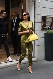Irina Shayk in Green Suit in Via Montenapoleone in Milan