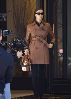 Irina Shayk in Leather Coat - Out in Milan