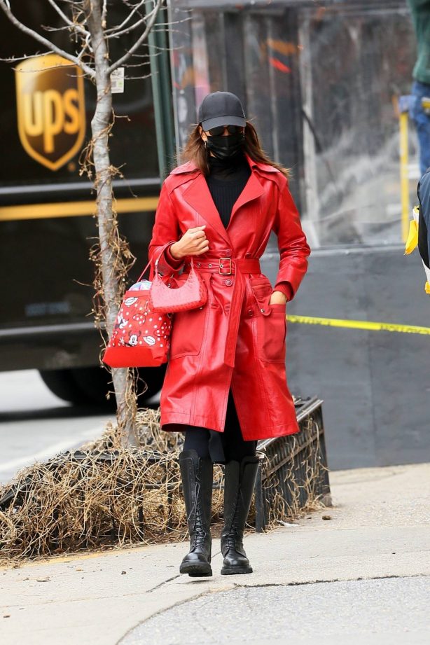 Irina Shayk - Seen in a red leather coat in New York