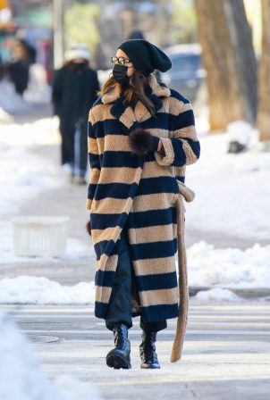 Irina Shayk - Wears striped Max Mara coat while out on a snowy NYC