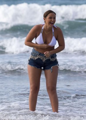 Jacqueline Jossa in Bikini Top and Shorts on a beach in Mexico