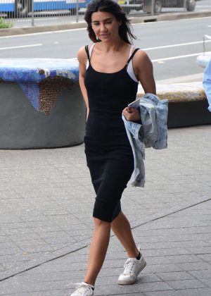 Jacqueline MacInnes Wood in Black Dress out in Bondi Beach