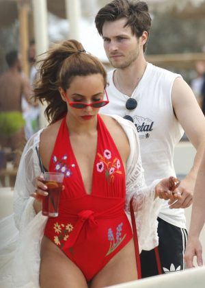 Jade Thirlwall in Red Swimsuit at the beach in Mykonos
