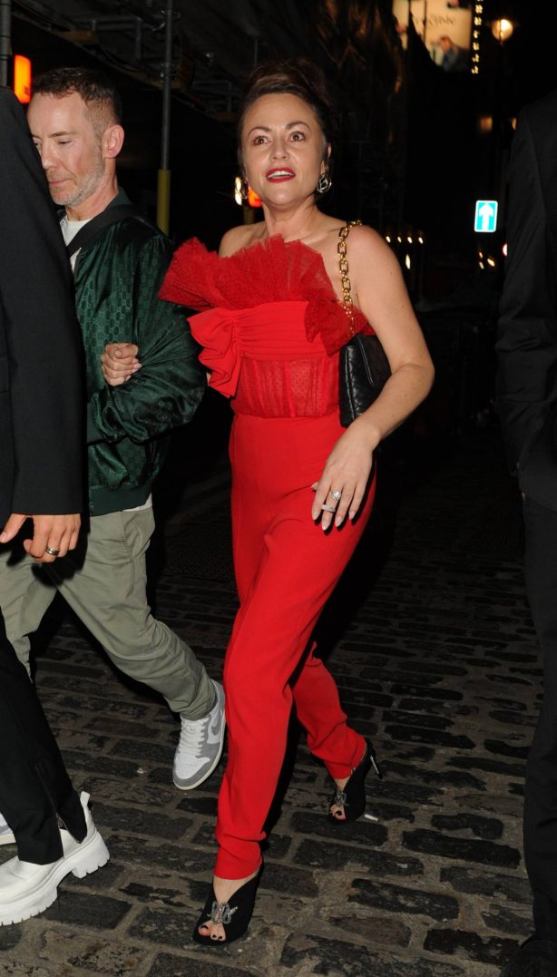 Jaime Winstone - Seen in a red outfit at the Groucho Club in London