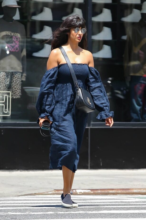 Jameela Jamil - In a blue off-shoulder dress goes for a stroll in New York