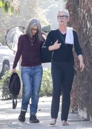 Jamie Lee Curtis out for a walk with a friend in Santa Monica