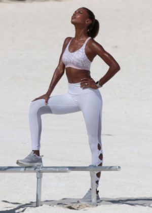 Jasmine Tookes in leggings and sports bras for a VS photoshoot in Miami