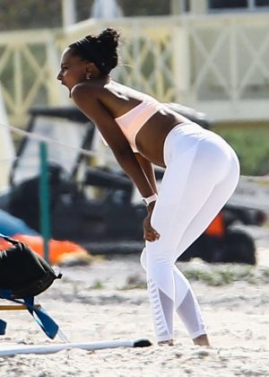 Jasmine Tookes on a Photoshoot for Victoria Secret on the beach in Miami