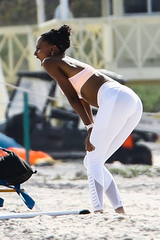 Jasmine Tookes on a Photoshoot for Victoria Secret on the beach in Miami