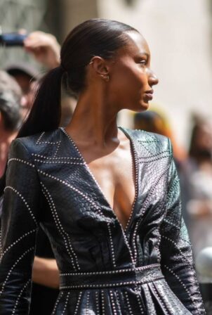 Jasmine Tookes - wears a black leather studded dress in Paris