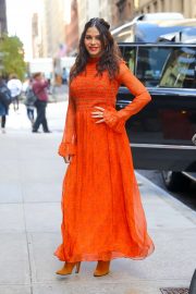 Jenna Dewan in a bright orange dress out in NYC