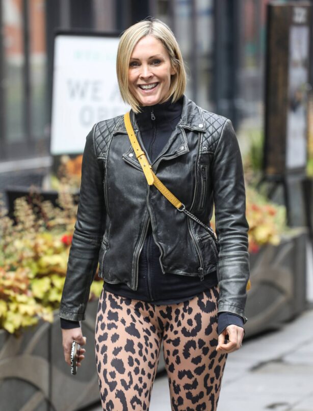 Jenni Falconer - In leopard print leggings at the Global Radio Studios in London