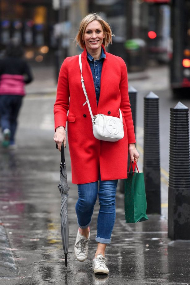 Jenni Falconer - In red coat at leaving Global Radio in London