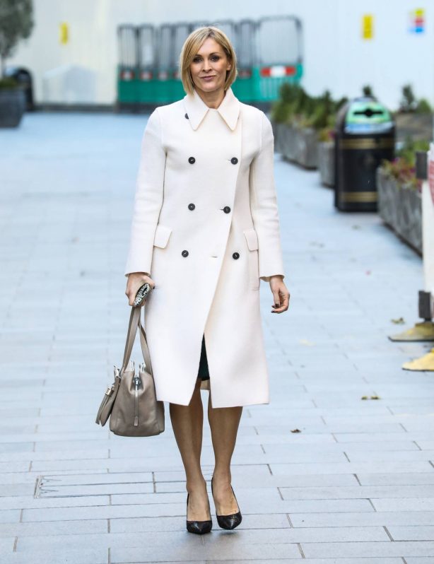 Jenni Falconer -In white coat departing the Global Radio Studios in London