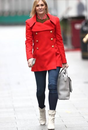 Jenni Falconer - Wears striking read coat at the Heart Radio Studios in London