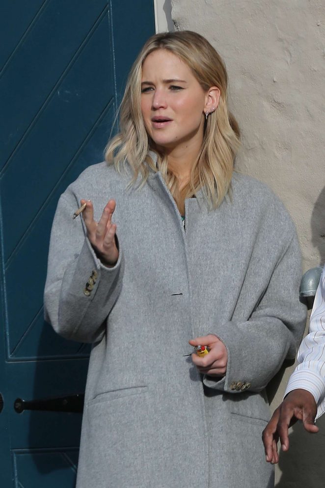 Jennifer Lawrence in Gray Coat at Peche in New Orleans