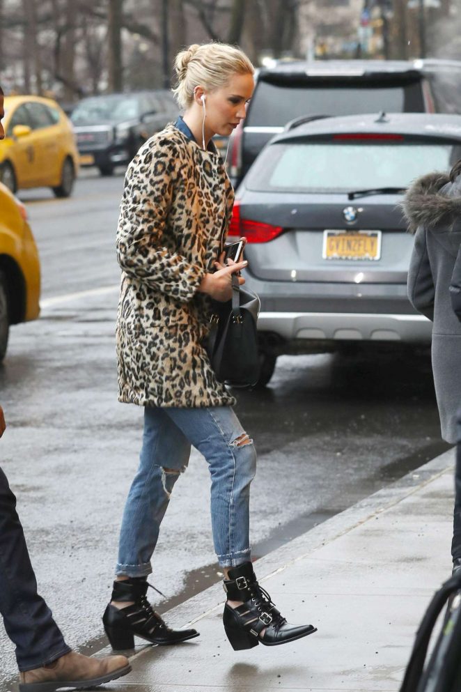 Jennifer Lawrence in Leopard Print Coat Out in New York City