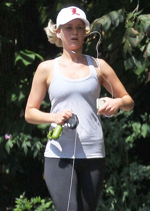 Jennifer Lawrence in Tights Jogging in Atlanta