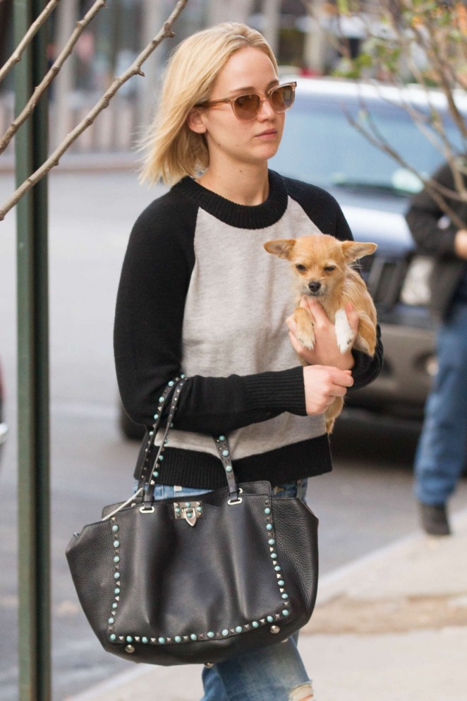 Jennifer Lawrence with Her Dog Pippi Arriving at Hotel in NY