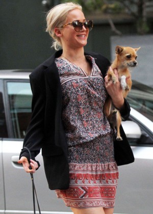 Jennifer Lawrence with her dog Pippi out in New York City