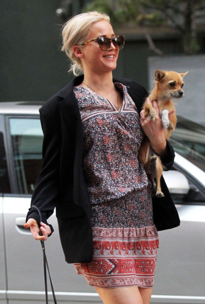 Jennifer Lawrence with her dog Pippi out in New York City