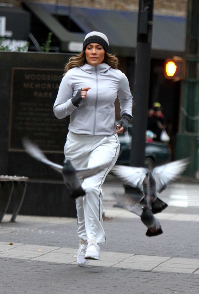 Jennifer Lopez - Films a jogging scene on the movie set of 'Second Act' in Queens