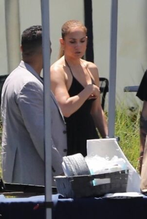 Jennifer Lopez - In a black backless dress on the set of Ben Affleck's new project