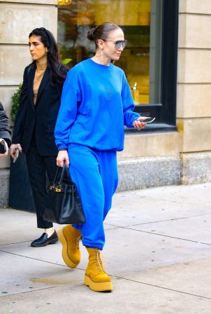 Jennifer Lopez - In a blue Frankies Bikinis sweatsuit steps out in New York