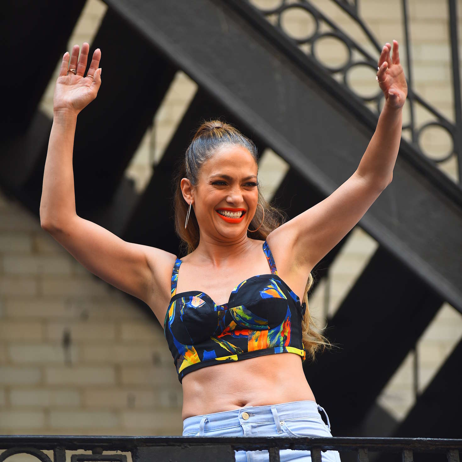 Jennifer Lopez in Jeans takes on a music video in Broadway. 