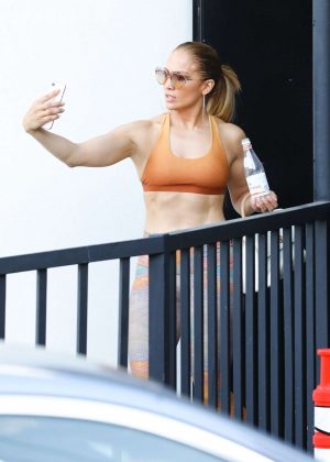 Jennifer Lopez in Orange Sports Bra and Leggings - Leaves a workout in Brentwood