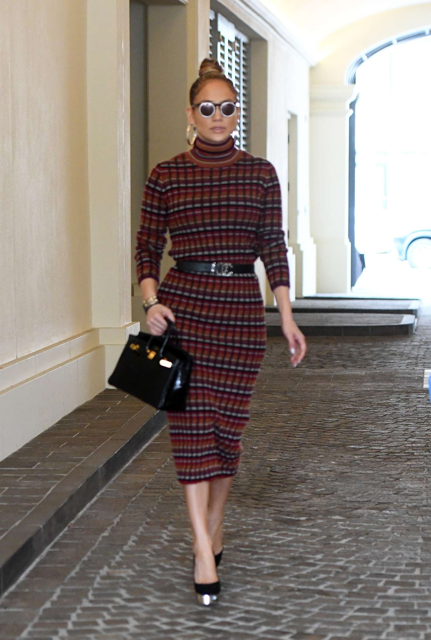 Jennifer Lopez in Plaid Dress - Ggoes to business meeting in Miami