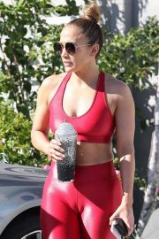 Jennifer Lopez in Red Gym Outfit - Arriving to a gym in Miami